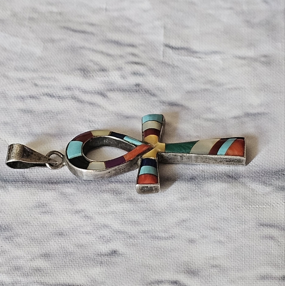 Sterling Silver 925 Multistone Ankh Pendant - Picture 2 of 6
